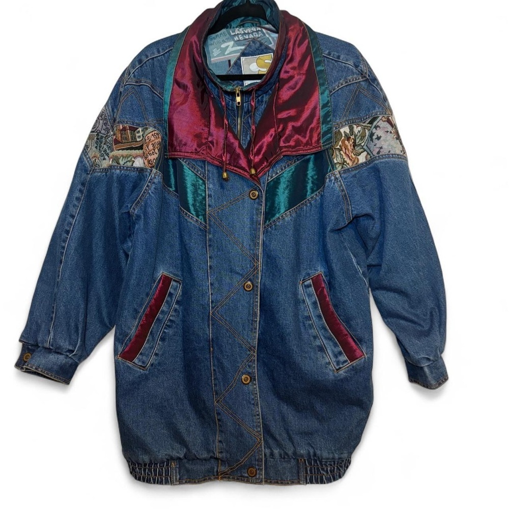 Current Seen 80s/90s Denim Jacket + Embroidery/Patchwork/Satin/Tapestry Details - Picture 1 of 8